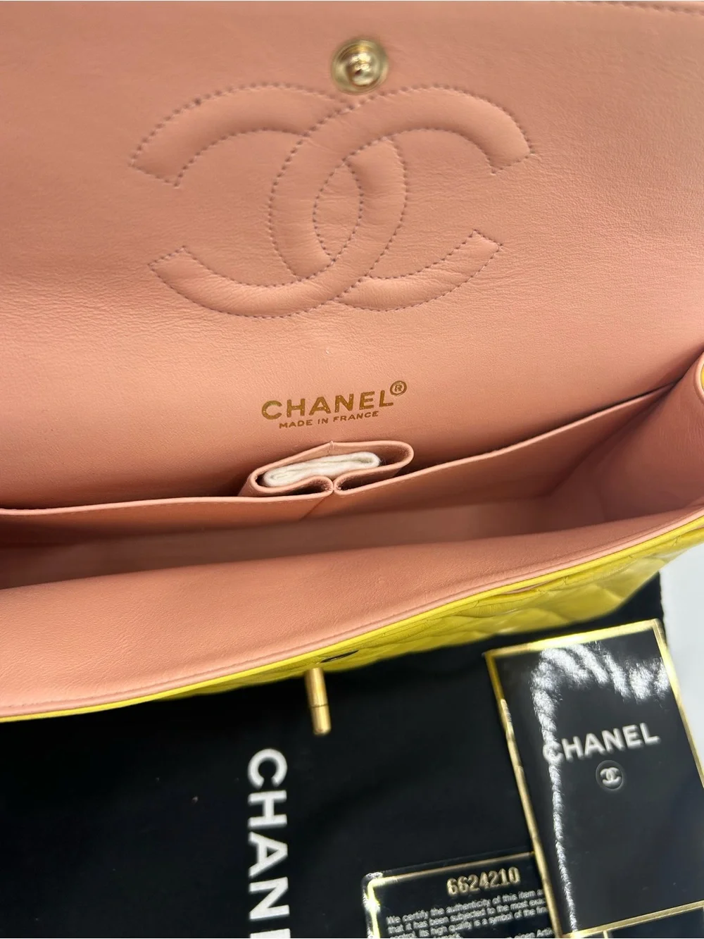 Women's Chanel Classic Quilted double Flap Bag in Yellow with Gold Hardware